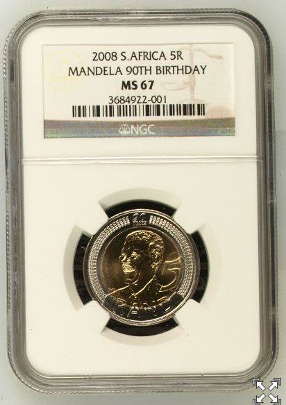 NGC GRADED MS67 - MANDELA 90th BIRTHDAY 2008 R5 COIN
